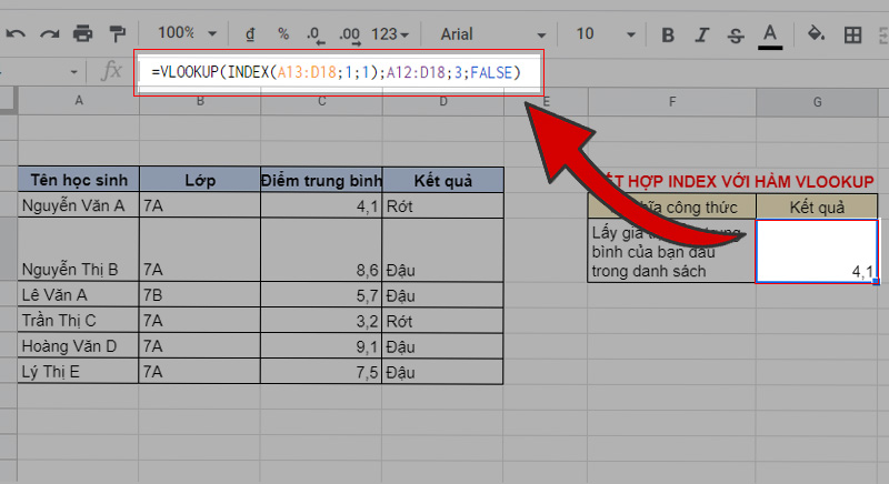 Kết hợp INDEX với VLOOKUP